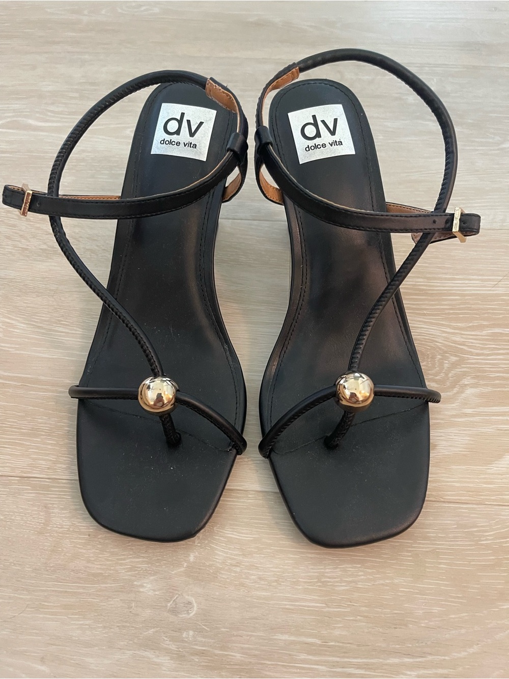 Dolce Vita Black Strappy Sandals with Gold Ball Accent